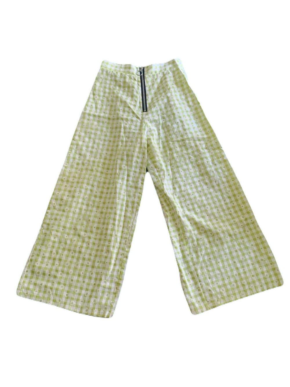 Rockit XS Women’s Zip Front Lime Green Daisy Embroidered Wide Leg Cropped Pants